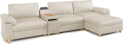 SITJOY Large Cloud Couch, 132" Wide 3 Seater L Shaped with Console, White | Pet-Friendly Scratch-Resistant Leather Sectional Sofas for Living Room, Deep Seat Wide Couch with Chaise, Storage Ottoman