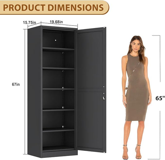 Tall Metal Narrow Bathroom Storage Locker Cabinet 67" H, Tall Black Pantry Cabinets with 5 Adjustable Shelves and Lockable Doors for Kitchen, Home Office, Living Room, Dining Room
