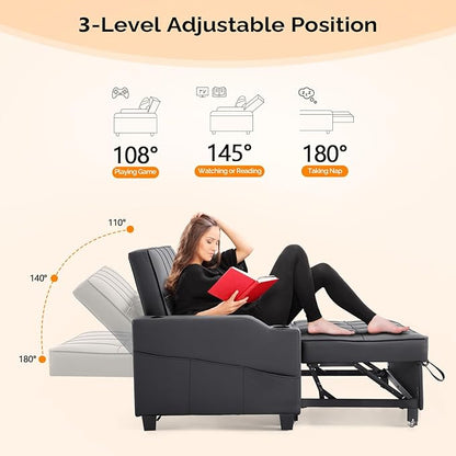 VINGLI Convertible Loveseat Sleeper Sofa, Black Faux Leather Futon Sofa Bed Pullout Couch Bed with USB Ports, Cup Holders, Armrest for Living Room, Bedroom, Home Office Apartment