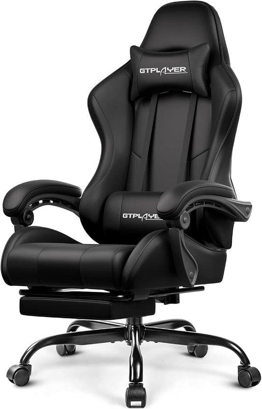 GTPLAYER Gaming Chair, Computer Chair with Footrest and Lumbar Support, Height Adjustable Game Chair with 360°-Swivel Seat and Headrest and for Office or Gaming (Faux Leather, Black)