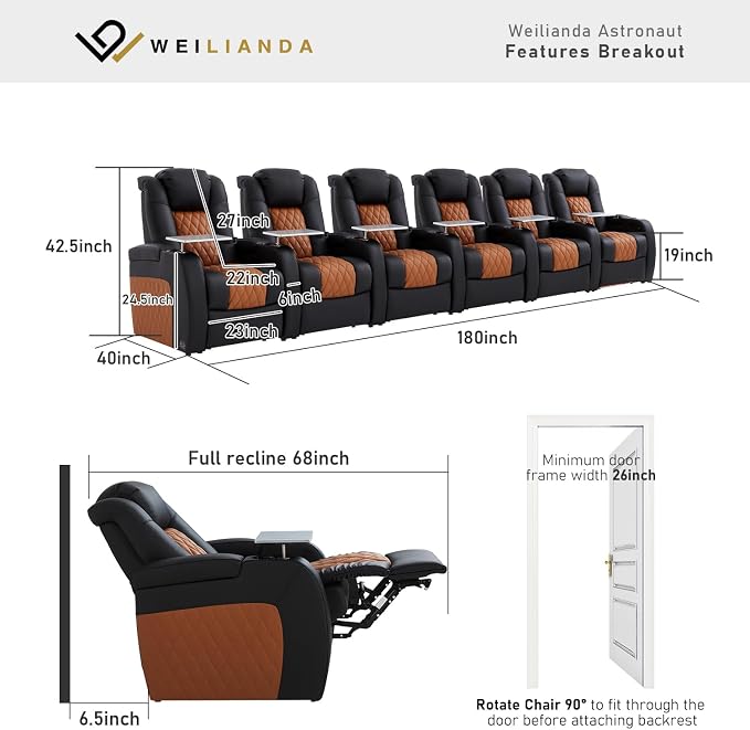 Weilianda Home Theater Seating Top Grain Leather Zero Gravity Recliner Chair Power Headrest Recline Movie Seat Gaming 7 Colors Mood Light Sofa with Tray Table Row of 6 Black Camel