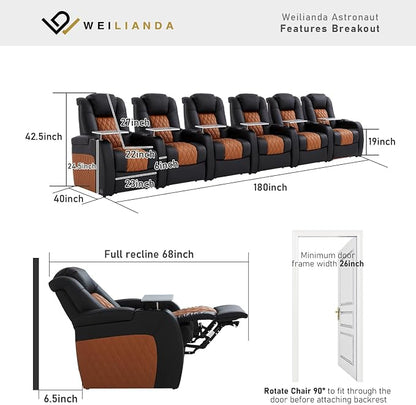 Weilianda Home Theater Seating Top Grain Leather Zero Gravity Recliner Chair Power Headrest Recline Movie Seat Gaming 7 Colors Mood Light Sofa with Tray Table Row of 6 Black Camel