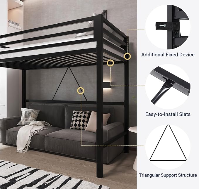 Allewie Metal Loft Bed Twin Size with Guardrail and Ladder,Black | Small Space Saving Design for Bedroom Kid Room and Dorm, No Box Spring Needed