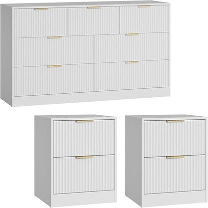 7 Drawer Dresser & Nightstand Set 3-Piece, 55” Wide Bedroom Dresser Set Night Stand Set of 2 with Metal Handle, Fluted Modern Wood Chest of Drawers Storage Dressers Set for Bedroom, White