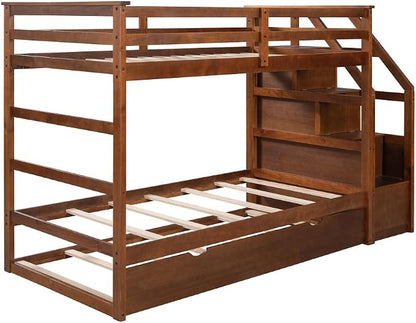 MERITLINE Twin Over Twin Bunk Beds with Trundle and Storage Box, Solid Wood Bunk Bed with Stairs and Storage Case for Teens Adults (Walnut + Solid Wood)