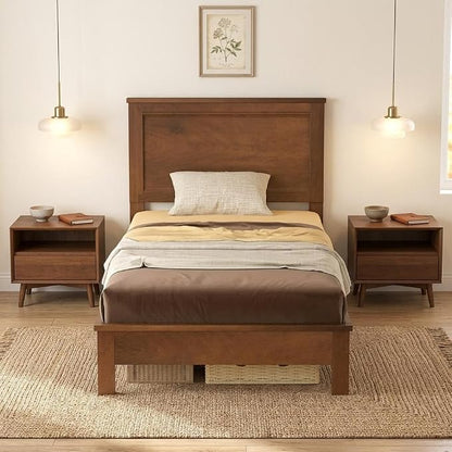 Wood Bed Frames with Headboard, Mid Century Bed Frame with Solid Wood Legs & Wooden Slat Support, Mattress Foundation Bed Base, No Box Spring Needed, (Walnut, Twin)