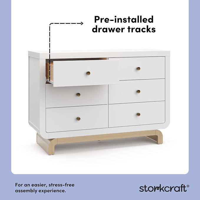 Storkcraft Santorini 6 Drawer Double Dresser (White with Driftwood) - GREENGUARD Gold Certified, Interlocking Drawer System, Dresser Drawer Organizer for Kids Bedroom