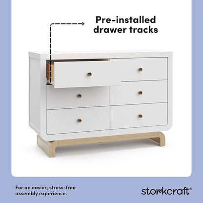 Storkcraft Santorini 6 Drawer Double Dresser (White with Driftwood) - GREENGUARD Gold Certified, Interlocking Drawer System, Dresser Drawer Organizer for Kids Bedroom