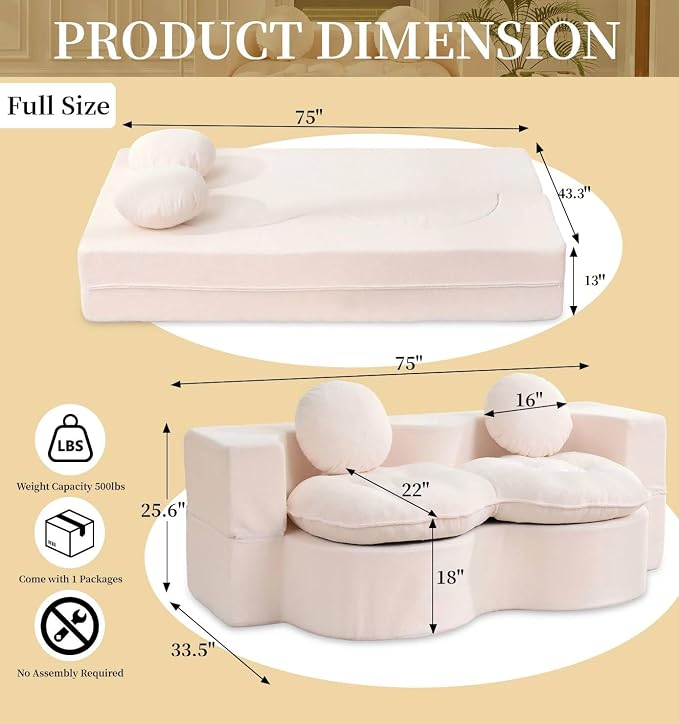 75” Full Size Convertible Sleeper Sofa Bed, Boneless Folding Futon Loveseat Sofa with 2 Pillows, High Density Foam Compressed Foldable Guest Couch for Living Room Apartment (Beige Teddy Velvet)