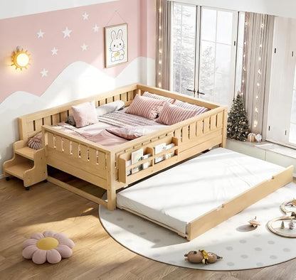 Bellemave Full Size Kids Bed with high Rails and with Built-in Bookshelf and Trundle for Kids, Girls, Boys, Wood Montessori Bed Without Door, Light Natural