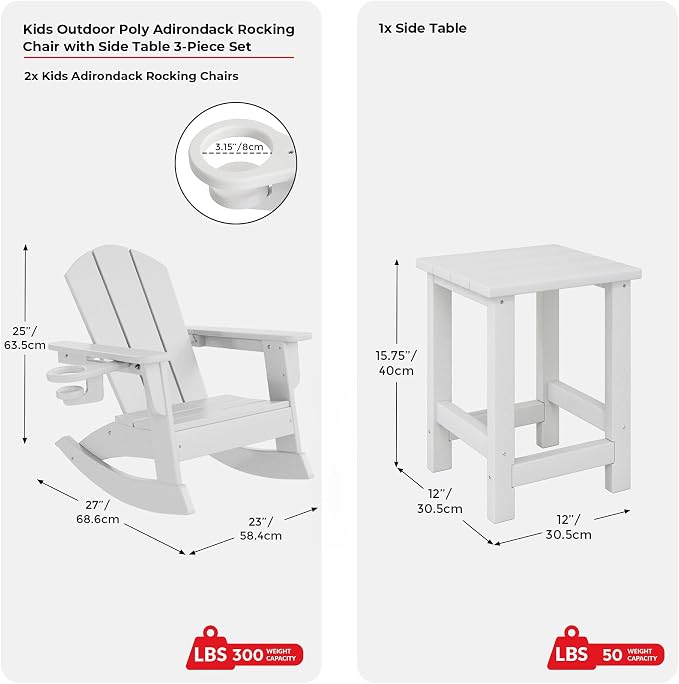 Costaelm Paradise 3-Piece Kids Table and Chairs Set with Toddler Rocking Chairs and Cup Holders, White