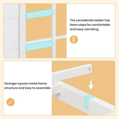 BTHFST Bunk Bed Twin Over Twin with 6 Large Fabric Drawers & 4 Wooden Storage Bookshelf Organizer, Metal Low Bunk Bed for Kids with LED Lights & Safety Ladder and Guardrail, Space Saving