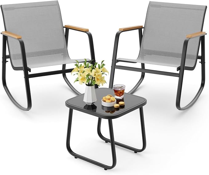 Aiho 3 Piece Patio Bistro Set, Textilene Outdoor Furniture Set with Patio Rocking Chairs with Wooden Armrests and Glass Table for for Lawn, Porch, Balcony, Poolside(Grey)