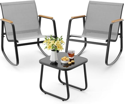 Aiho 3 Piece Patio Bistro Set, Textilene Outdoor Furniture Set with Patio Rocking Chairs with Wooden Armrests and Glass Table for for Lawn, Porch, Balcony, Poolside(Grey)