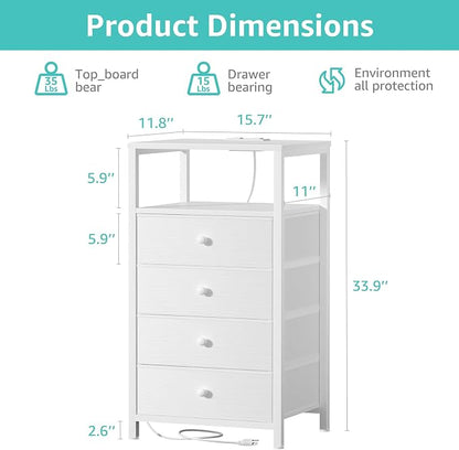 BOLUO Tall Night Stand with Drawers, White Nightstand with Charging Station and LED Light, Small White 4 Drawer Dresser for Bedroom, Room Storage Closet