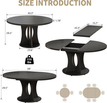 iPormis 43.3-59 Inch Extendable Round Dining Table for 6-8 People, Oval Dinner Table with Adjustable Top and A Stable Round Pedestal Base, Space Saving Wooden Kitchen and Dining Table, Black