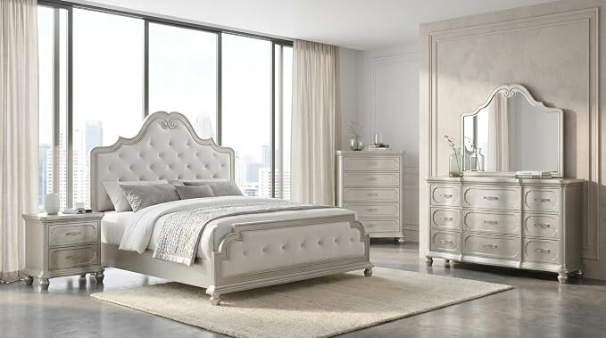 First of a Kind Roma Silver Finish Traditional 5 Piece King Bedroom Set with Upholstered Tufted Headboard Classic European Style Coordinated Furniture Collection