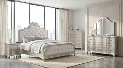 First of a Kind Roma Silver Finish Traditional 5 Piece King Bedroom Set with Upholstered Tufted Headboard Classic European Style Coordinated Furniture Collection