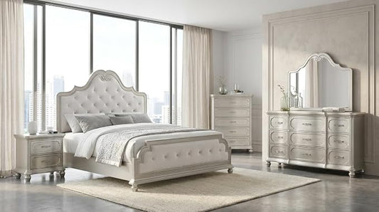 First of a Kind Roma Silver Finish Traditional 5 Piece King Bedroom Set with Upholstered Tufted Headboard Classic European Style Coordinated Furniture Collection