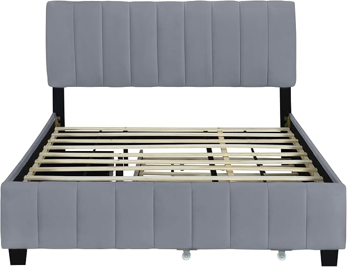 Merax Queen Size Upholstered Platform Bed with 2 Drawers and 1 Twin XL Trundle, Grey Wooden Bed Frame, No Box Spring Need