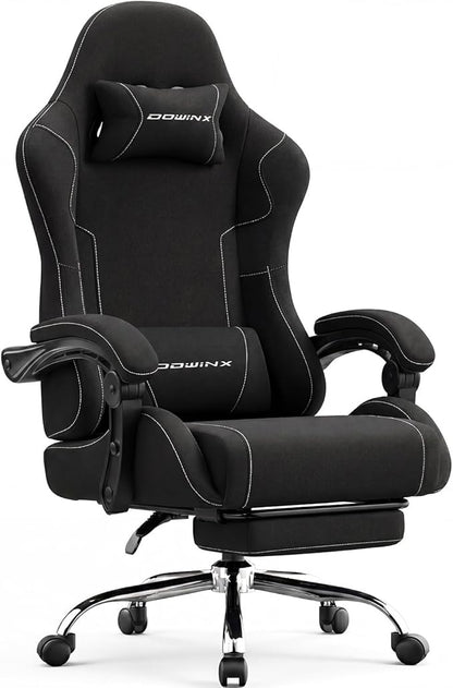 Dowinx Ergonomic Gaming Chair with Footrest & Massage Lumbar, 2D-Linkage Armrests for Computer Chair 330lbs with Headrest Pillow for Office, Home, Streaming and Long Gaming Sessions, Fabric Black