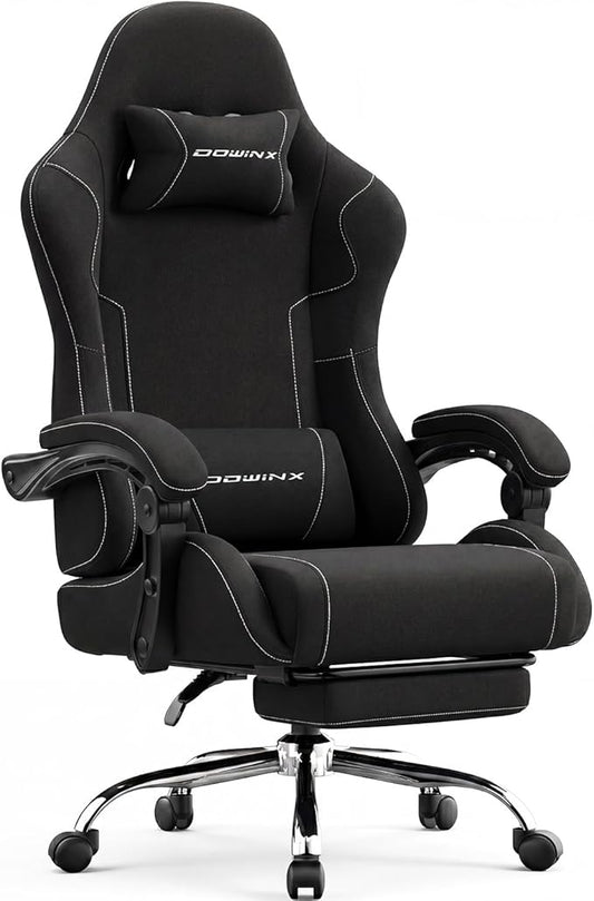 Dowinx Ergonomic Gaming Chair with Footrest & Massage Lumbar, 2D-Linkage Armrests for Computer Chair 330lbs with Headrest Pillow for Office, Home, Streaming and Long Gaming Sessions, Fabric Black