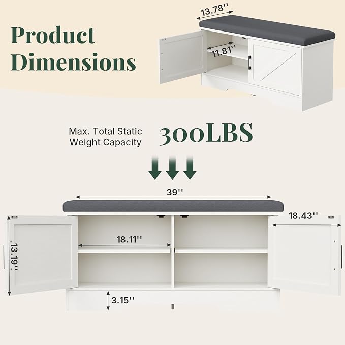 DUMOS 39 Inch Storage Bench, Shoe Organizer Cabinet with Thickened Padded Seat Cushion, Entryway Bench with 2 Doors & Adjustable Shelf for Hallway, Bedroom, Living Room, White