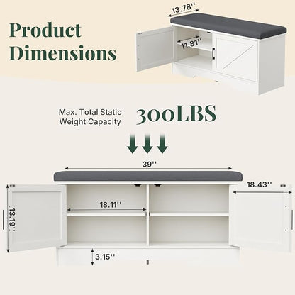 DUMOS 39 Inch Storage Bench, Shoe Organizer Cabinet with Thickened Padded Seat Cushion, Entryway Bench with 2 Doors & Adjustable Shelf for Hallway, Bedroom, Living Room, White