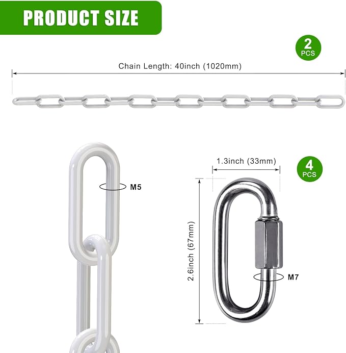 2Pcs 40" Heavy Duty Hanging Chain with Carabiners Swing Chain Extension with Hooks Hammock Chains Extender 1000 LBs Capacity White Coated Chains for Hanging Chair, Hammock Stand, Egg Chairs