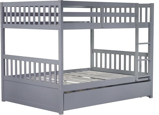 Harper & Bright Designs Convertible Wood Full-Over-Full Bunk Bed with Trundle and Ladder - Can Be Divided Into Two Platform Beds, Grey