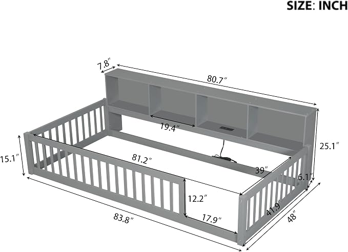 Bellemave Kids Montessori Floor Bed Twin XL Size,Floor Bed Frame with Bookcase and Charging Station for Kids Boys Girls,Gray