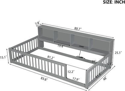 Bellemave Kids Montessori Floor Bed Twin XL Size,Floor Bed Frame with Bookcase and Charging Station for Kids Boys Girls,Gray