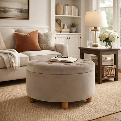 HomePop 28" Button Tufted Velvet Round Storage Ottoman - Fawn Velvet