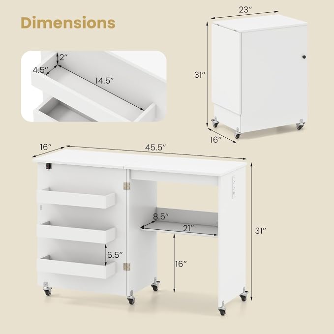 Giantex Folding Sewing Table with Charging Station, Rolling Craft Table with Storage Trays & Shelf, Foldable Sewing Machine Cabinet Desk with Lockable Wheels for Small Spaces (White)