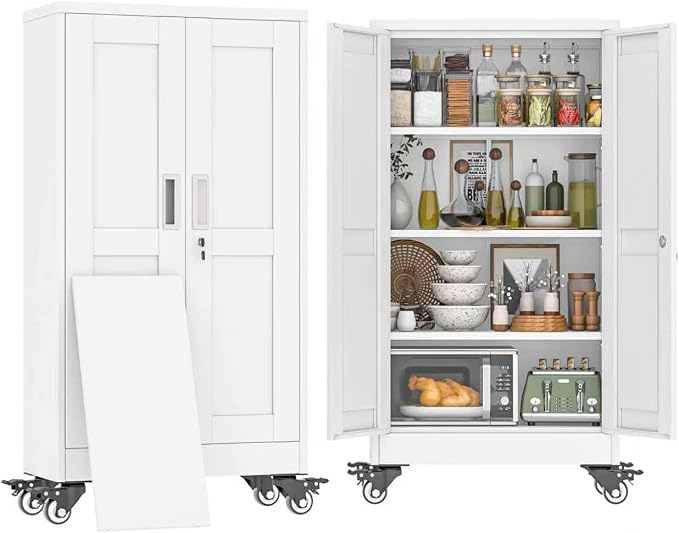 47" H Metal Pantry Storage Cabinet with Wheels,Rolling Kitchen Pantry Cabinet with 2 Doors and 3 Adjustable Shelves, Locker Steel Cabinet,Organization Cabinet for Garage,Home,Gym,School,White