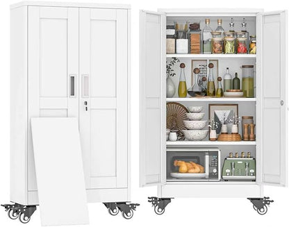 47" H Metal Pantry Storage Cabinet with Wheels,Rolling Kitchen Pantry Cabinet with 2 Doors and 3 Adjustable Shelves, Locker Steel Cabinet,Organization Cabinet for Garage,Home,Gym,School,White