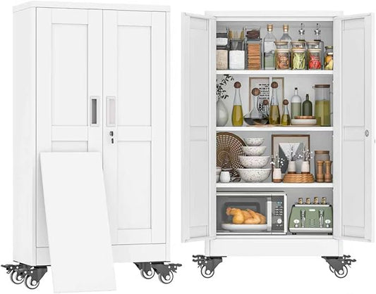 47" H Metal Pantry Storage Cabinet with Wheels,Rolling Kitchen Pantry Cabinet with 2 Doors and 3 Adjustable Shelves, Locker Steel Cabinet,Organization Cabinet for Garage,Home,Gym,School,White