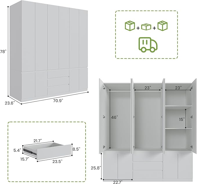 Bobve78 H Large 6 Doors Wooden Wardrobe, Armoire Wardrobe Closet with Drawers, Hanging Rod and Shelves, Bedroom Freestanding Armoire Closet Organizer, White