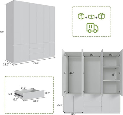 Bobve78 H Large 6 Doors Wooden Wardrobe, Armoire Wardrobe Closet with Drawers, Hanging Rod and Shelves, Bedroom Freestanding Armoire Closet Organizer, White