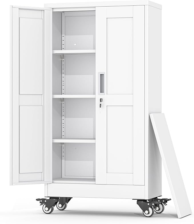 Metal Garage Storage Cabinet, 46”Tall Rolling Utility Cabinet White | storage system with Wheels, Lock, 3 Adjustable Shelves, Heavy Duty Steel Tool Locker for Home Office, Utility Room, Gym