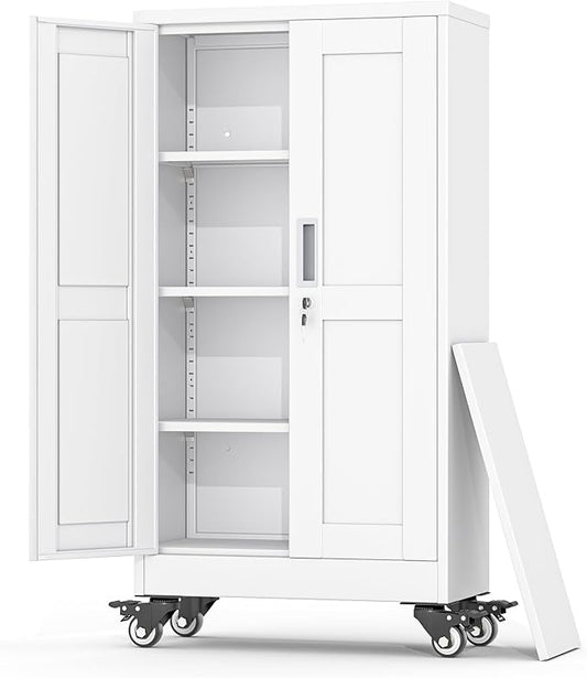 Metal Garage Storage Cabinet, 46”Tall Rolling Utility Cabinet White | storage system with Wheels, Lock, 3 Adjustable Shelves, Heavy Duty Steel Tool Locker for Home Office, Utility Room, Gym