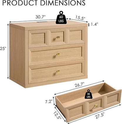 3-Piece Bedroom Set, 6 Drawer Dresser and 3 Drawer King Size Nightstands Set of 2 with Charging Station, 3 Piece Farmhouse Wood Bedroom Dresser and Nightstand Sets,Natural