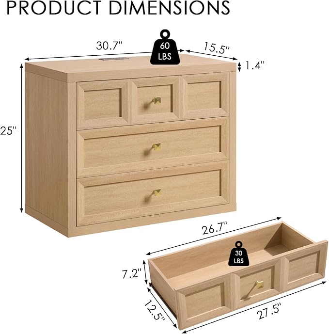 4 Piece Bedroom Set - Includes 6 Drawer Dresser, 5 Drawer Wood Dresser and 3 Drawer King Size Nightstands Set of 2 with Charging Station, 4 Piece Farmhouse Dresser and Nightstand Sets,Natural