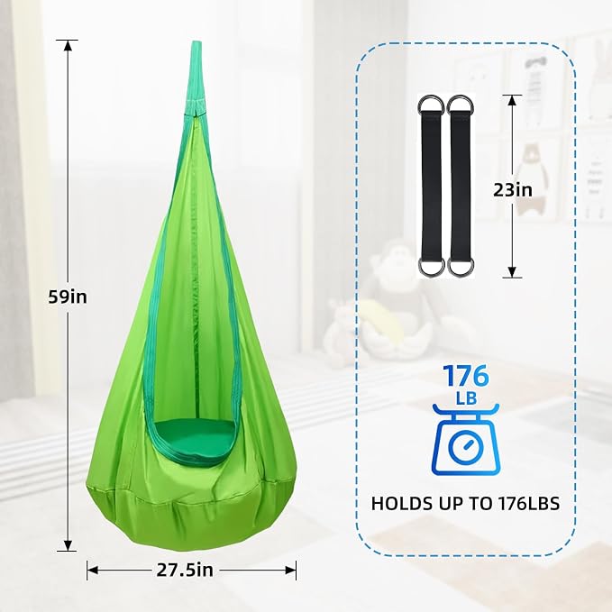Kids Swing Seat Hammock Chair Indoor Outdoor Hanging Chair for Children,Soft & Safe with High Weight Capacity, Easy Install Perfect for Bedroom, Garden, Playroom (Light Green)