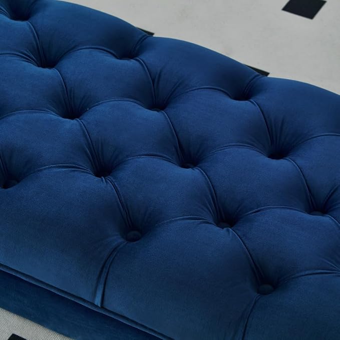 24KF Velvet Upholstered Buttons Tufted Entryway Bench with Solid Wood Leg,Bed Bench Ottoman with Padded Seat,5061N-Navy
