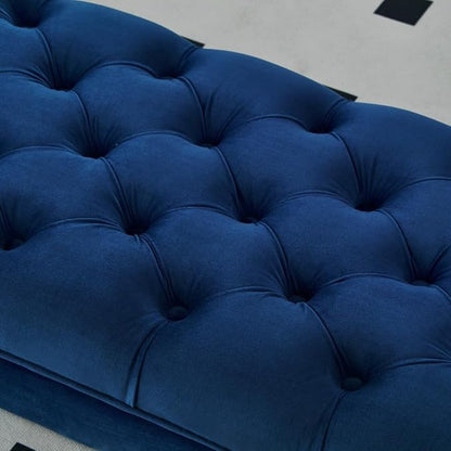 24KF Velvet Upholstered Buttons Tufted Entryway Bench with Solid Wood Leg,Bed Bench Ottoman with Padded Seat,5061N-Navy