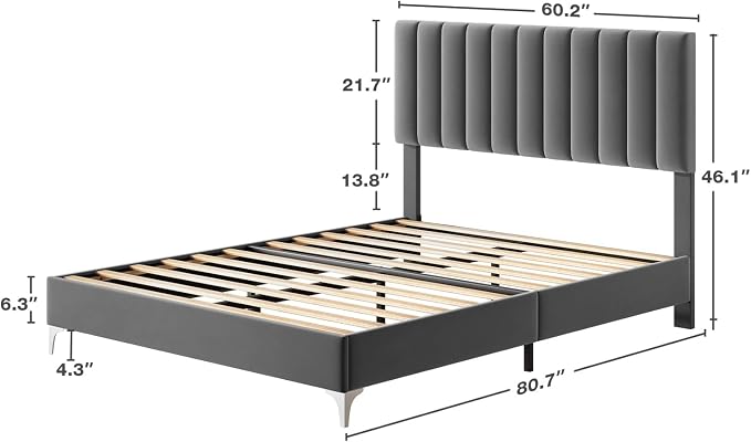 IDEALHOUSE Queen Size Bed Frame with Adjustable Headboard, Velvet Upholstered Platform Bed Frame with Wooden Slats Support, Queen Bed Frame with Under Space, Easy Assembly, Dark Grey