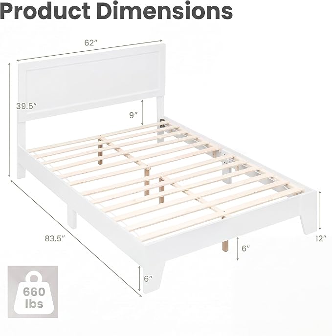 Giantex Queen Size Wooden Bed Frame with Headboard, Wood Slat Support | Modern Platform Bed with Heavy Duty Mattress Foundation, Under-Bed Storage, No Box Spring Needed, Easy Assembly (White)