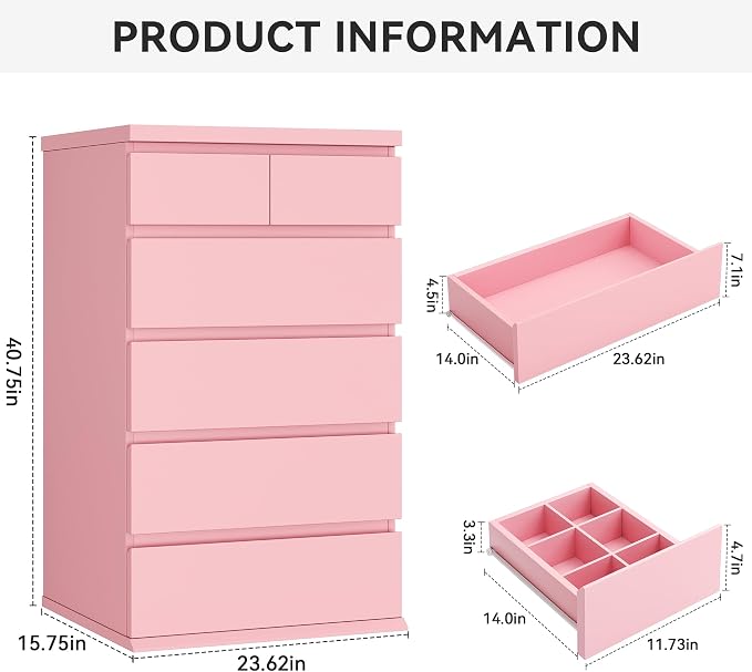 Jocoevol Pink Tall 6 Drawer Dresser for Bedroom,Dressers & Chests of Drawers with Jewelry Storage,Wood Storage Dresser with Deep Drawers for Living Room Hallway Entryway(40.75" L*23.62" W*15.75")