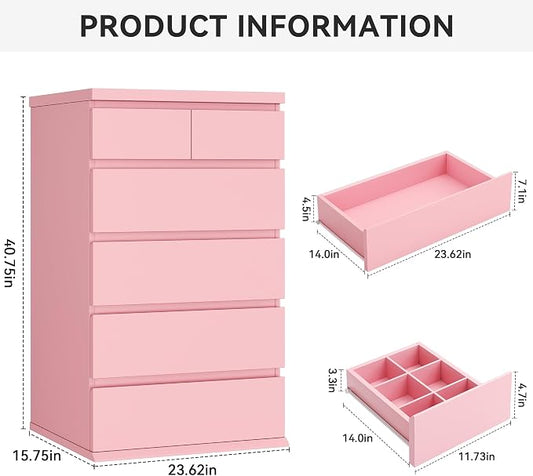 Jocoevol Pink Tall 6 Drawer Dresser for Bedroom,Dressers & Chests of Drawers with Jewelry Storage,Wood Storage Dresser with Deep Drawers for Living Room Hallway Entryway(40.75" L*23.62" W*15.75")